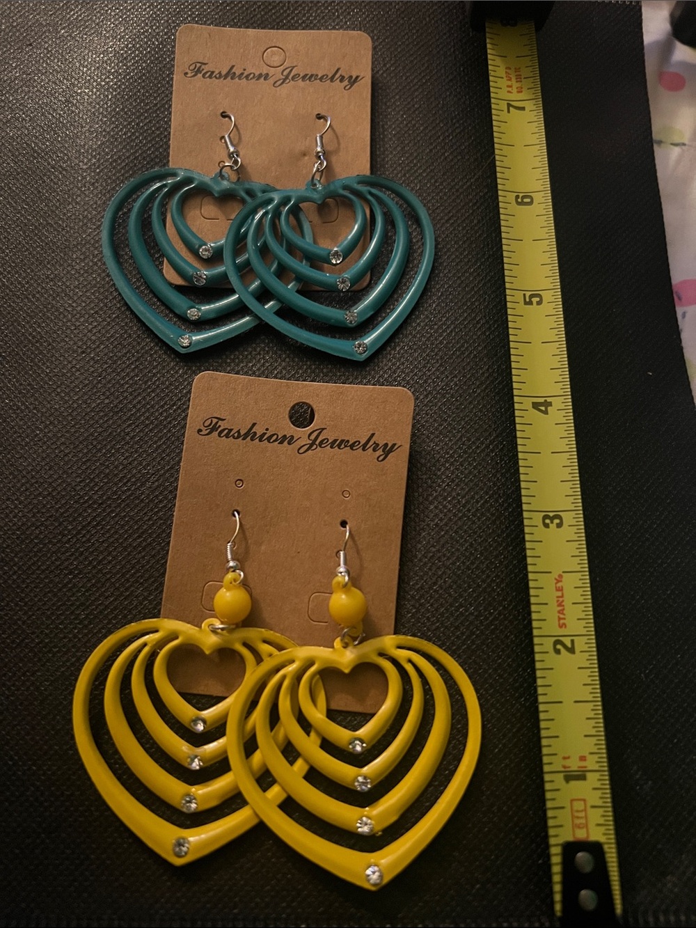 Fashion Jewelry Teal & Yellow Layered Heart Drop Earrings